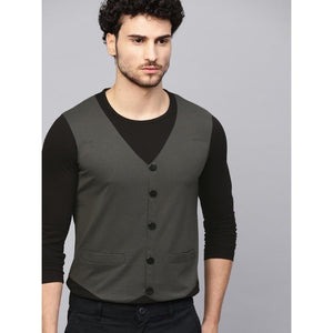 Men’s Solid Regular Fit Long Sleeves Round Neck Grey-Black T Shirt Trendy Overlap Design