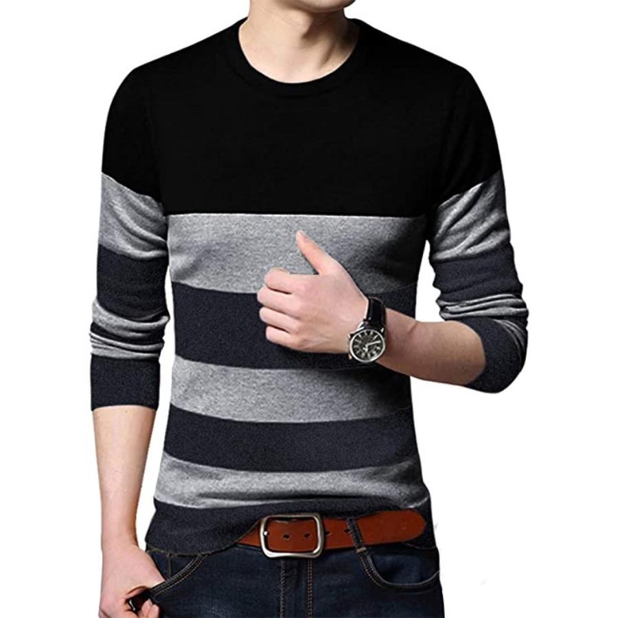 Men’s Regular Fit Block Striped Long Sleeves Crew Neck T Shirt